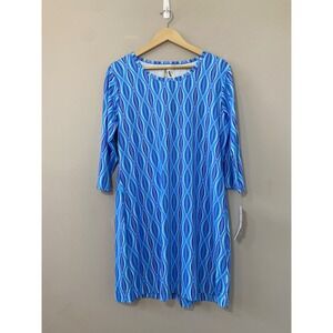 Lulu B Womens Travel Dress Blue Geometric Print 3/4 Sleeve Casual UPF 50+ Size L